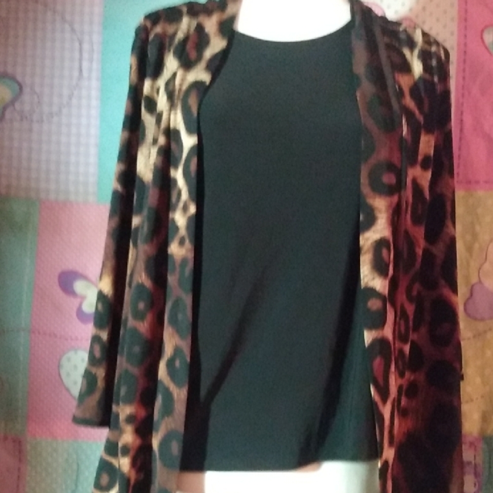 Liz McCoy Small Leopard Print Long Sleeve Cardigan Blouse & Attatched Black Top